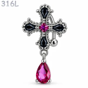Piercing Nombril Inversé Croix Gothique Zircons Noir & Rose.