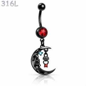 Piercing Nombril Noir à Motif Lune et Araignée Pendante.