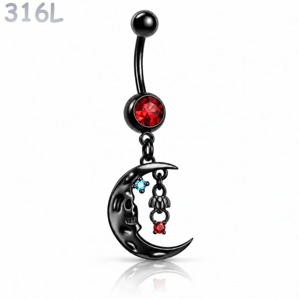 Piercing Nombril Noir à Motif Lune et Araignée Pendante.
