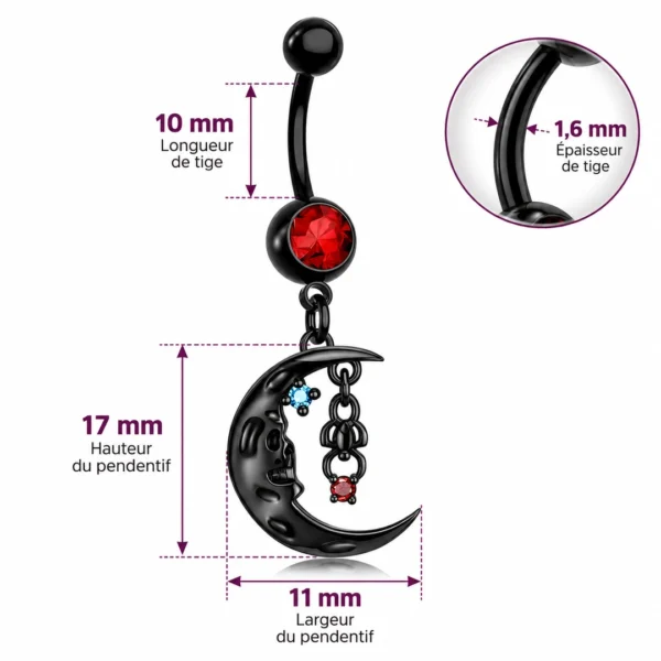 Piercing Nombril Noir à Motif Lune et Araignée Pendante (dimensions) Piercing Nombril Noir à Motif Lune et Araignée Pendante (dimensions)